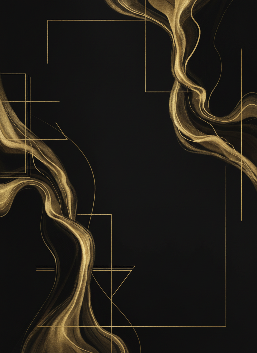Abstract dark composition with champagne gold ink-wash brushstrokes and geometric line fragments